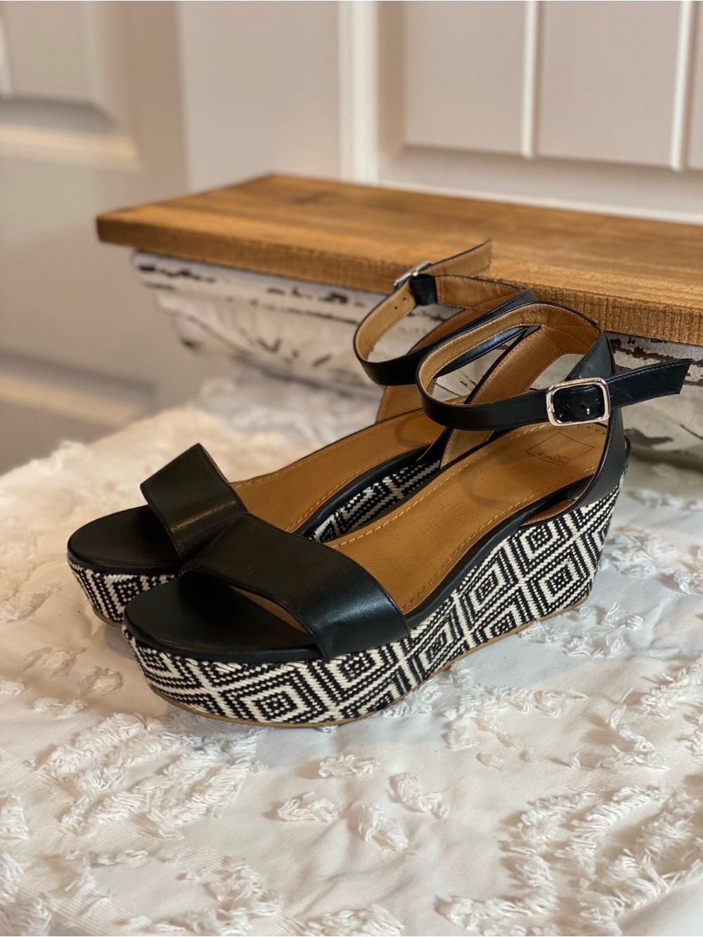14th & Union Black Ankle-Strap Wedge Sandals with Geometric Platform